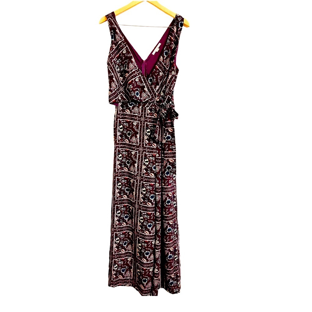 Purple Floral Sleeveless Wrap Top, Wide Legged Jumpsuit